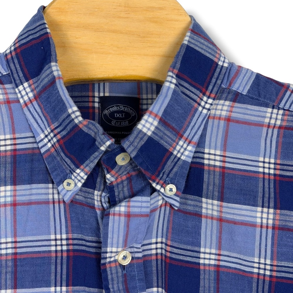 Brooks Brothers Button Down Men 1XLT Blue India Madras Plaid Cotton Tall Shirt